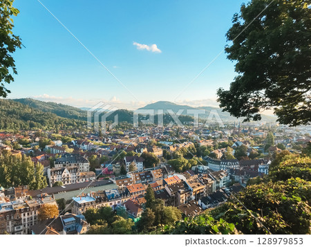A city view with a blue sky and a tree in the foreground 128979853