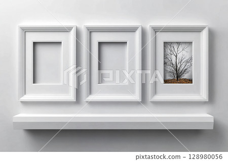 Design. Empty color photo frame for a collage of three photos in a minimalist style on a white background. 128980056