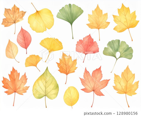 飄落的秋葉插畫水彩風格背景影像 128980156
