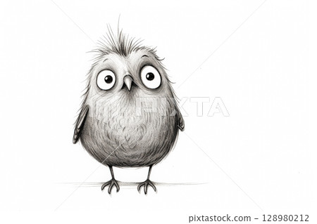 Cartoonish bird with big eyes stands on a white background. 128980212