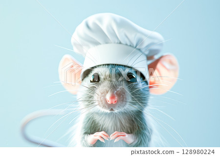 Cartoon mouse wearing a chef's hat and apron 128980224
