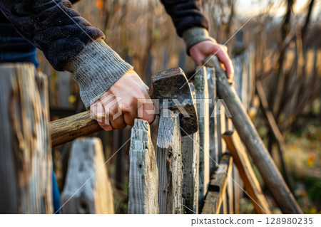 Person is using a hammer to break a wooden fence 128980235
