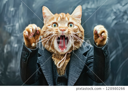 Cat wearing a suit and tie is making a loud noise Cat wearing a suit and tie is making a loud noise 128980266