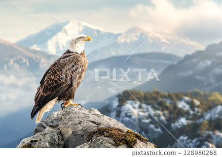 Bald eagle is perched on a rock in the mountains 128980268