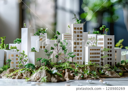 Model of a city with a hill and trees. 128980269