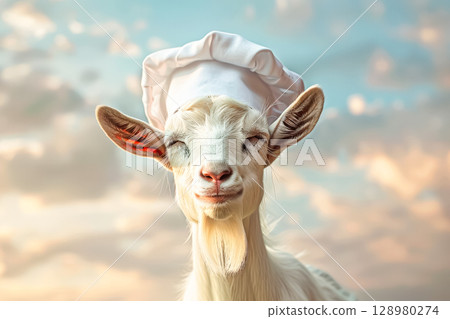 Goat wearing a chef's hat and smiling 128980274