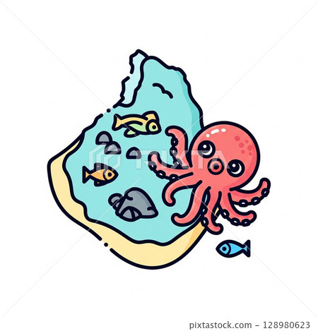 愛知的離島!日間賀島的章魚和海鮮的可愛插畫。插畫地圖素材。 愛知的離島!日間賀島的章魚和海鮮的可愛插畫。插畫地圖素材。 128980623