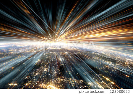 Dynamic Burst of Light Leaving Trails Across a Cityscape at Night. 128980633