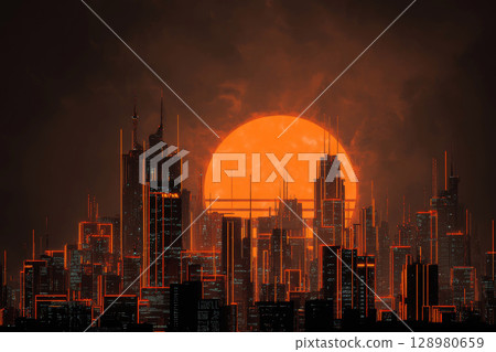 Futuristic Cityscape with Glowing Skyline at Dramatic Sunset. 128980659