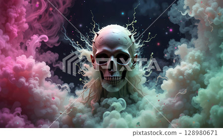 Ethereal Skull in a Vibrant Cloud-Filled Cosmos. 128980671