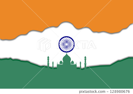 Artistic Representation of Indian Flag with Taj Mahal Silhouette. Artistic Representation of Indian Flag with Taj Mahal Silhouette. 128980676