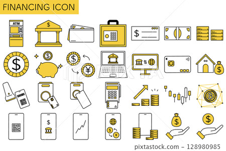 Simple line drawing isometric illustration of a set of 28 financial icons Simple line drawing isometric illustration of a set of 28 financial icons 128980985