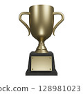 3D illustration of a gold championship cup on a black base 128981023