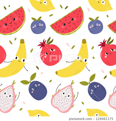 Cute Seamless Pattern with Cartoon Fruits. Watermelon, Banana, Blueberry, Dragon Fruit and Pomegranate 128981175