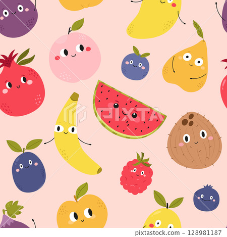 Cute Seamless Pattern with Cartoon Fruits. Watermelon, Banana, Blueberry, Peach and Pomegranate 128981187