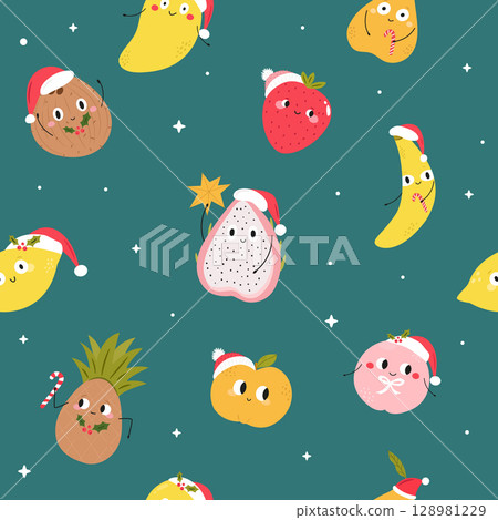 Cute Christmas Seamless Pattern with Cartoon Fruits. Lemon, Strawberry, Banana, Pineapple, and More in Santa Hats 128981229