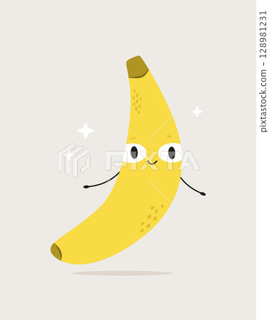 Cute Banana with Face and Hands. Funny Fruit Cartoon Character Cute Banana with Face and Hands. Funny Fruit Cartoon Character 128981231