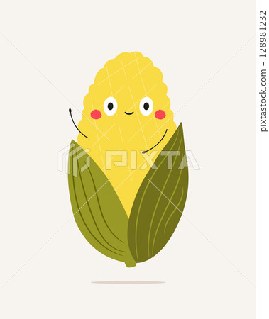 Cute Corn with Face and Hands. Funny Vegetables Cartoon Character Cute Corn with Face and Hands. Funny Vegetables Cartoon Character 128981232