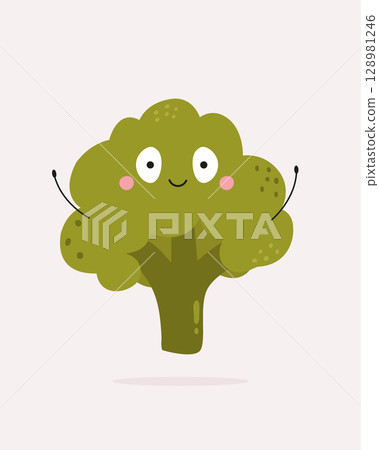 Cute Broccoli with Face and Hands. Funny Vegetables Cartoon Character 128981246