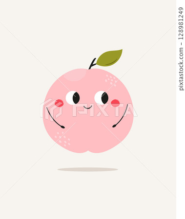 Cute Peach with Face and Hands. Funny Fruit Cartoon Character Cute Peach with Face and Hands. Funny Fruit Cartoon Character 128981249