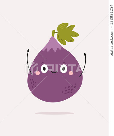 Cute Fig with Face and Hands. Funny Fruit Cartoon Character 128981254