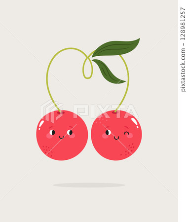 Cute Cherry with Face and Hands. Funny Fruit, Berry Cartoon Character 128981257