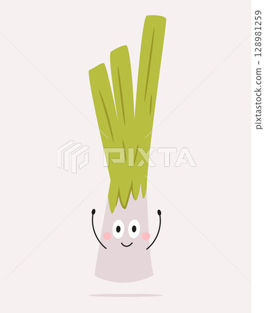 Cute Leek with Face and Hands. Funny Vegetables Cartoon Character 128981259
