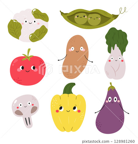 Cute Vegetables Clipart. Funny Cartoon Veggie Characters with Faces Cute Vegetables Clipart. Funny Cartoon Veggie Characters with Faces 128981260