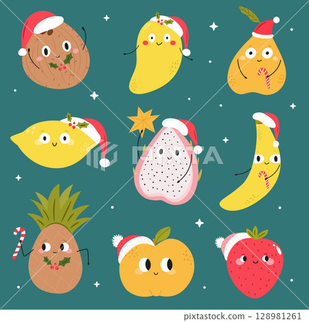 Cute Fruits in Santa Hats. Funny Christmas Fruit Cartoon Characters, Vector illustration 128981261