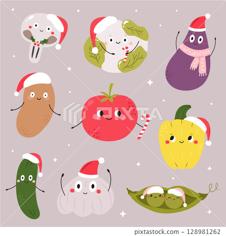 Cute Vegetables in Santa Hats. Funny Christmas Plants Cartoon Characters, Vector illustration 128981262