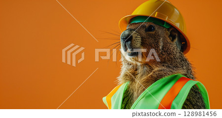 Groundhog in a bright yellow high-visibility jacket and hard hat on solid background 128981456