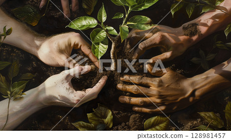 Four diverse hands together holding soil and planting trees with smiling friends supporting nature 128981457