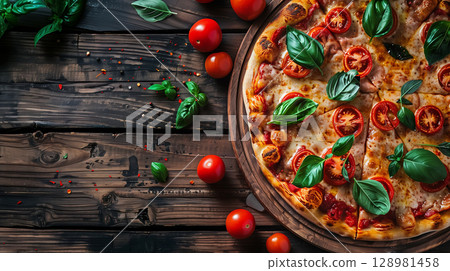 Delicious pizza topped with fresh tomatoes and basil on a wooden background 128981458