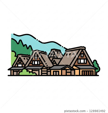 Gifu's World Heritage Site! Beautiful illustrations of the Gassho-style village of Shirakawa-go. Illustration map material. 128981492