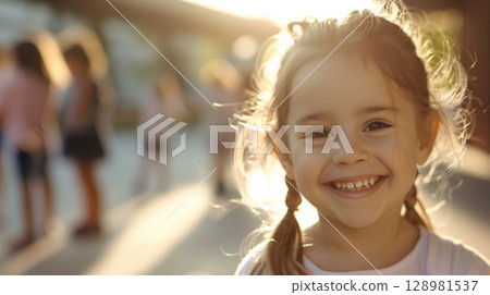 Joyful silhouette of a happy girl overlooking a group at school Joyful silhouette of a happy girl overlooking a group at school 128981537