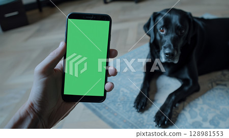 Over-the-shoulder shot of a dog sitting on the floor with a green screen phone 128981553