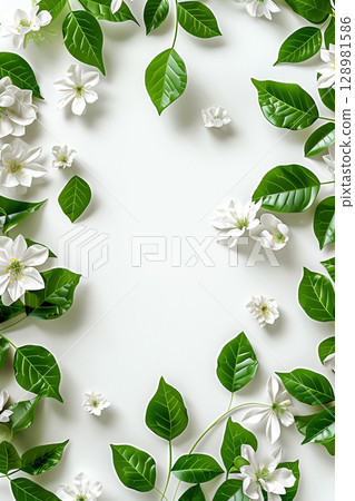 Green leaves and white flowers on a white background with copy space 128981586
