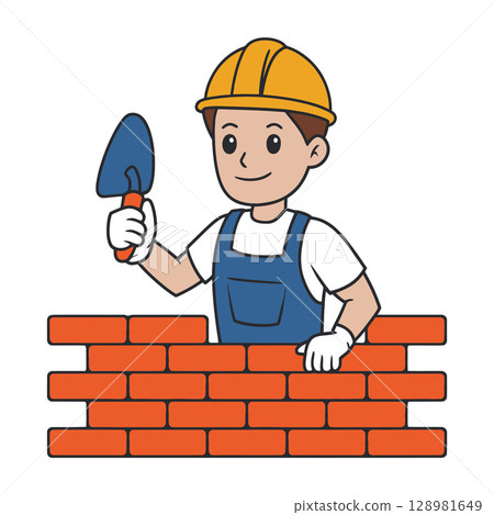 Cartoon Construction Worker Building Brick Wall Cartoon Construction Worker Building Brick Wall 128981649