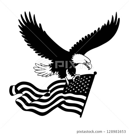 Bald Eagle Holding American Flag Black and White Patriotic Illustration Bald Eagle Holding American Flag Black and White Patriotic Illustration 128981653