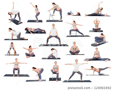 pregnant woman is engaged in yoga. Butterfly Pose or Baddha Konasana pregnant woman is engaged in yoga. Butterfly Pose or Baddha Konasana 128981692