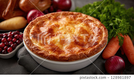 Thanksgiving cranberry pie. Golden brown cranberry pie with flaky crust surrounded by fresh vegetables and berries 128981897
