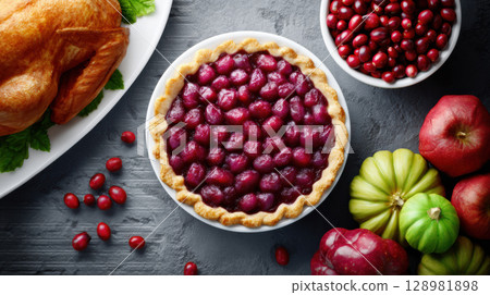 Thanksgiving cranberry pie. Delicious cranberry pie surrounded by fresh cranberries, apples, and roasted turkey on dark table 128981898