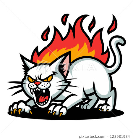 Angry White Cat with Flaming Back 128981984