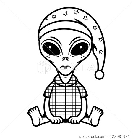 Cartoon Alien Character in Starry Pom-Pom Hat 128981985