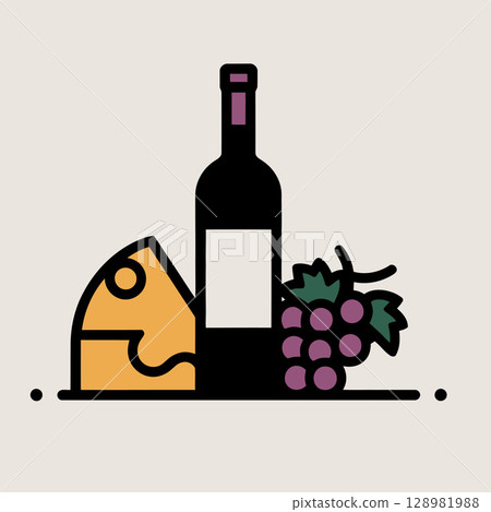 Wine Bottle with Cheese and Grapes 128981988