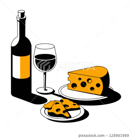 Wine Bottle and Cheese Wedge Illustration Wine Bottle and Cheese Wedge Illustration 128981989