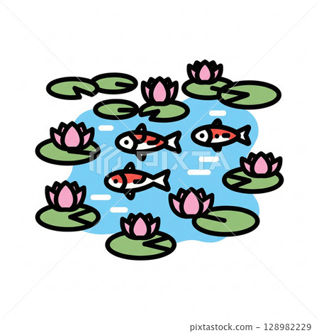 A beautiful and hidden place in Gifu! A landscape illustration of Monet's pond with Nishikigoi carp and water lilies in bloom. Illustration map material 128982229