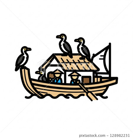 岐阜夏季的季節特色!清澈的長良川上,傳統鸕鶿捕魚的插畫素材 觀光地圖素材 岐阜夏季的季節特色!清澈的長良川上,傳統鸕鶿捕魚的插畫素材 觀光地圖素材 128982231