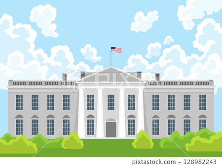 White House US presidential election American flag iconic building front view with garden trees blue sky clouds background White House US presidential election American flag iconic building front view with garden trees blue sky clouds background 128982243