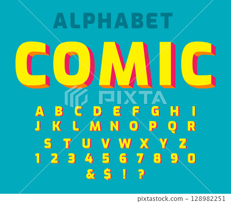 Comic retro font set. Alphabet letters and number in style of comics, pop art for title, headline, poster, comics, or banner design. Cartoon typography collection 128982251